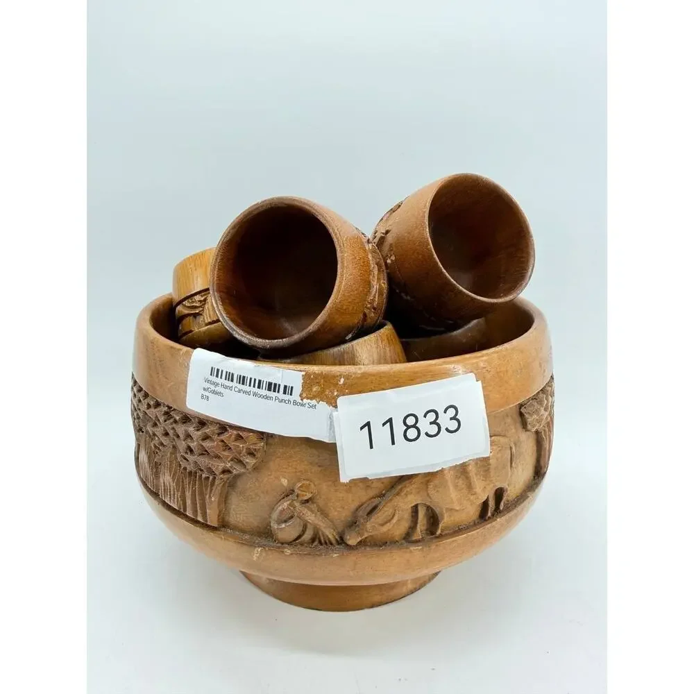 Vintage Hand Carved Wood Punch Bowl Set 6 Goblets Tiki Village 3 lb
